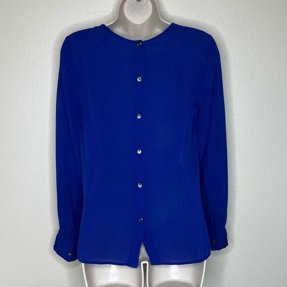 J Crew 100% Silk Cobalt Blue Button Back Long Sleeve Lace Trim Blouse Women 2 - Picture 6 of 11